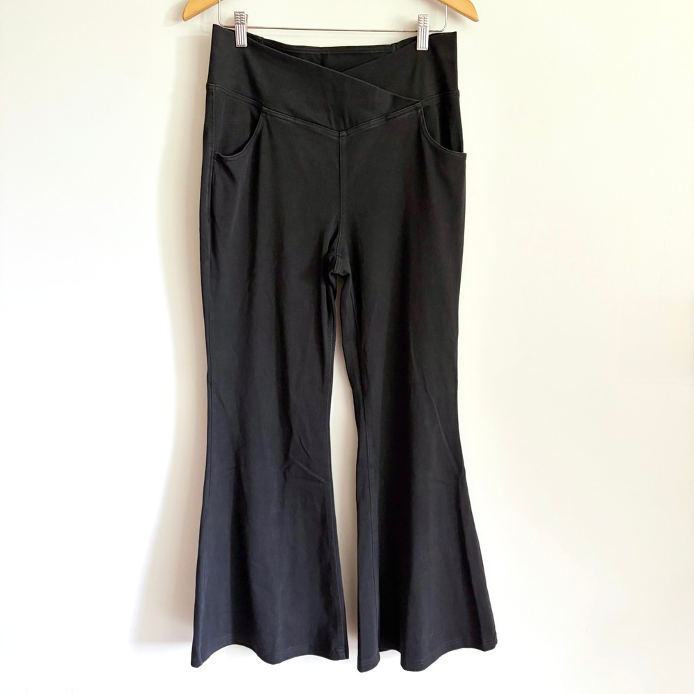 Halara Flex Denim Crossover Waist Flare Pants Petite Large Black Comfort Stretch
